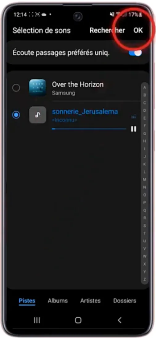 Liste sonneries une écoutée bouton Appliquer visible