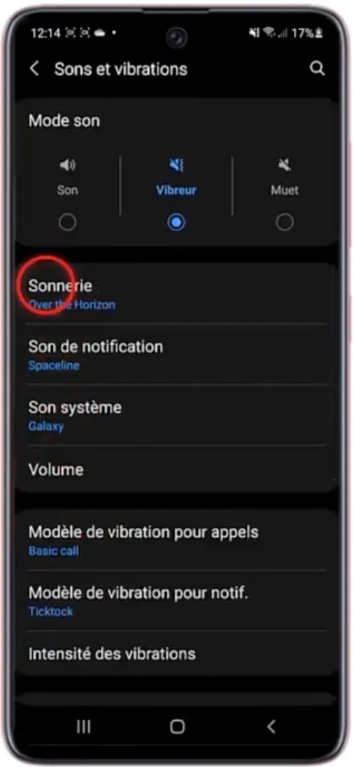 Menu Sons option Sonnerie sélectionnée