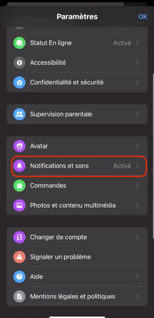 Ouvrir la section Notifications et sons