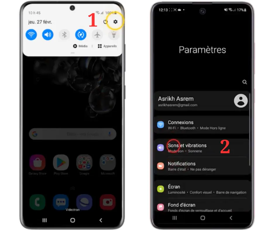 Paramètres Android Sons et vibrations surligné