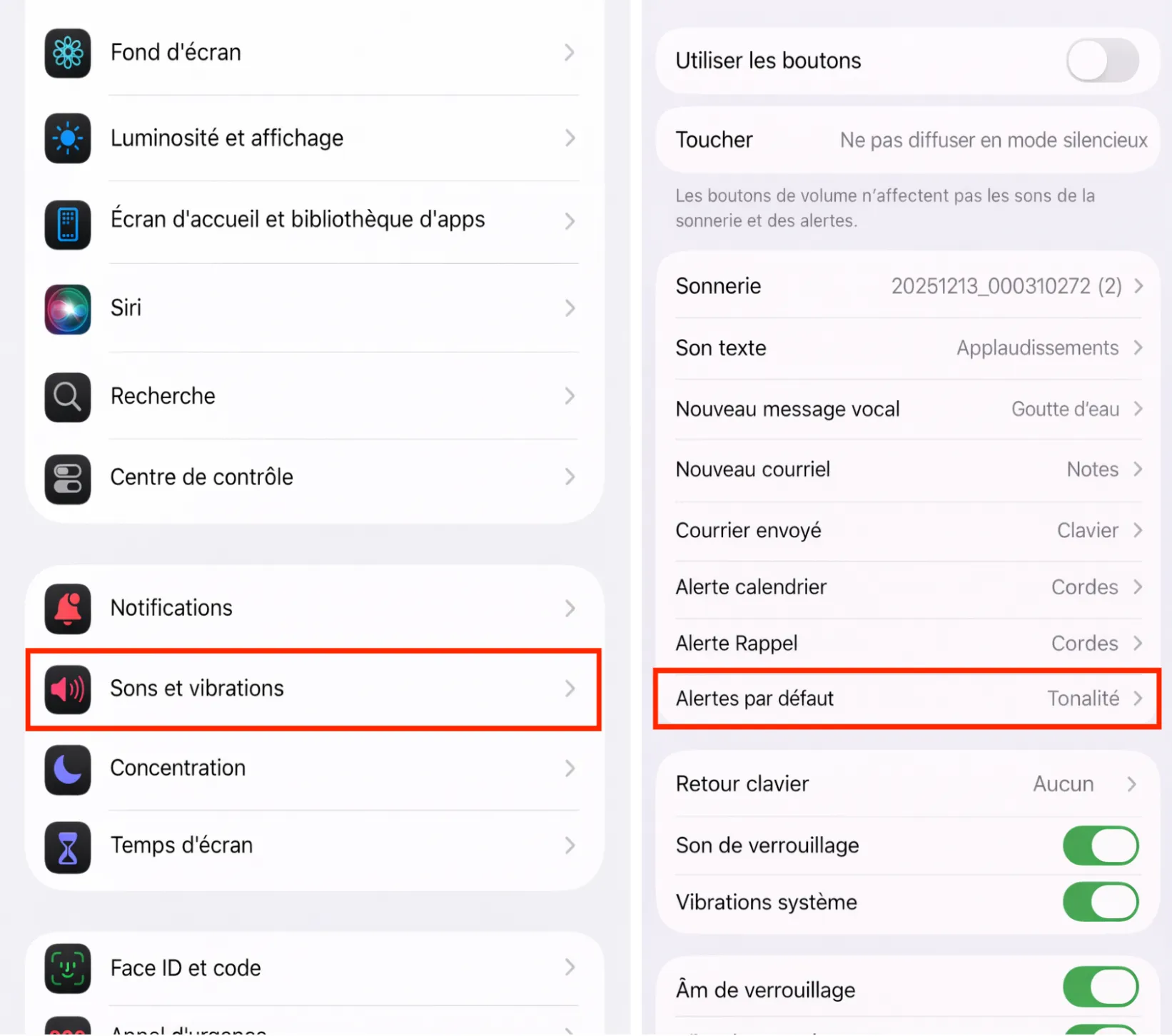 Revenez à l’écran principal de Réglages, puis appuyez sur Sons et vibrations. Accédez ensuite à Alertes par défaut.